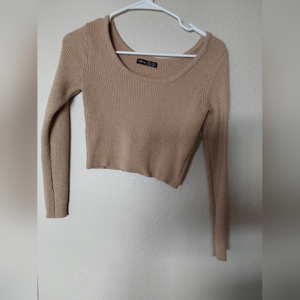 Shein Sweater Tops, Women's Size Medium Tan Long Sleeve, Crop Sweater Top